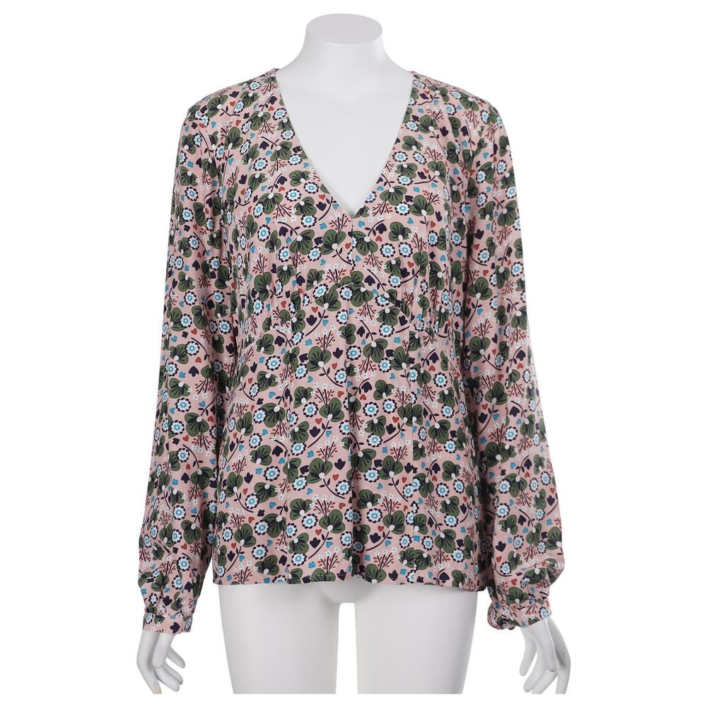 Boden Viola Top 10R Pink Green Floral Heart Print V-Neck Long Sleeve W0423